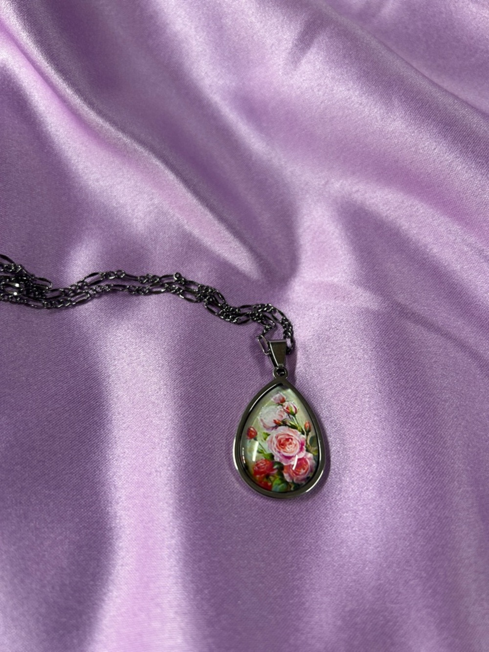 Floral Teardrop 1” Pendant Necklace - Pink Rose Design handmade new